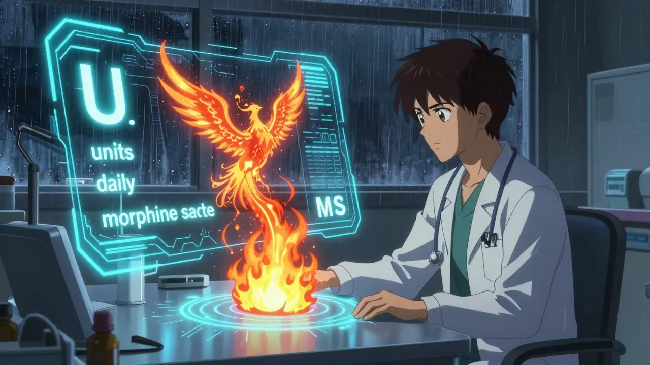 Digital flames erase dangerous medical abbreviations as plain English words rise like rebirth.