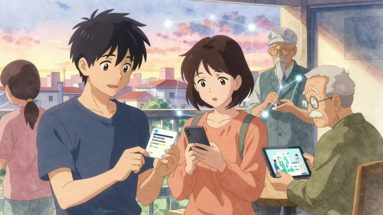 Diverse individuals receiving mail-order meds at home, connected by digital threads, smiling with quiet relief.