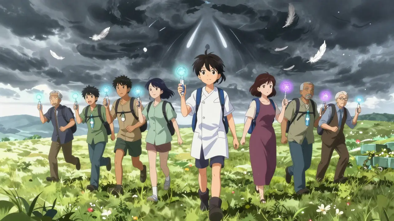 Diverse patients running freely on a hilltop as their biologic treatments emit gentle auras, leaving asthma behind.