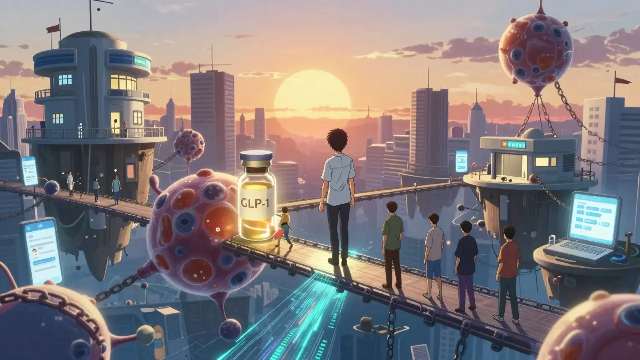 Floating city of medical clinics built on glowing receptor molecules, patients with medication vials, chains of insurance denial.