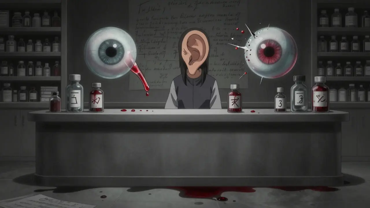 Glass eyes and ears float above pharmacy shelves, one dropping into the wrong orifice, symbols corrupted.