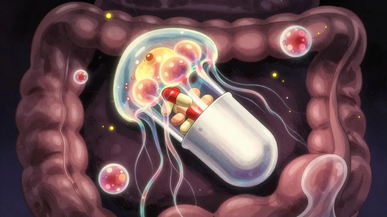 Glowing lipid micelles wrapping around drug molecules inside a stylized intestine with bile salts as filaments.
