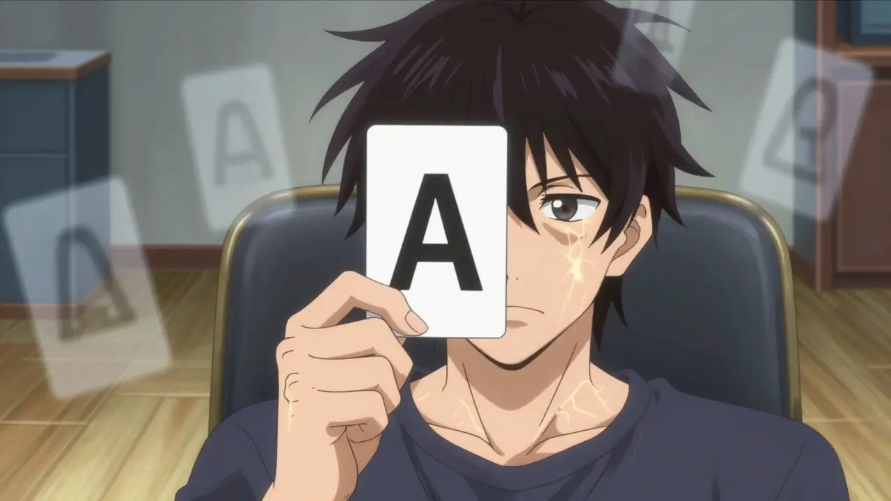 Man focusing on a letter while turning his head, with blurred dizziness effects fading around him.