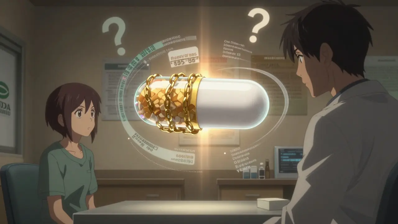 Patient and doctor facing each other with a split branded-generic pill hovering between them.