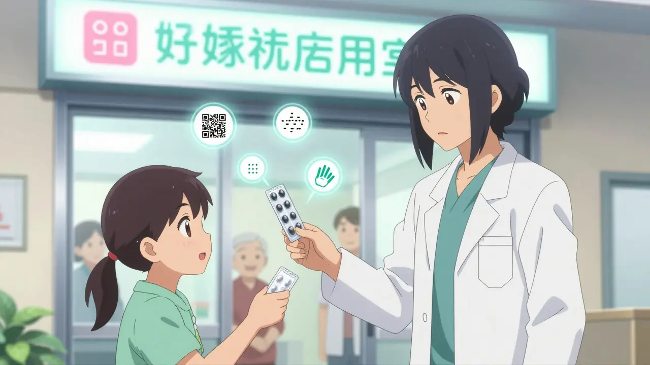 Pharmacist handing a peel-open blister pack to a caregiver, floating accessibility icons around it.