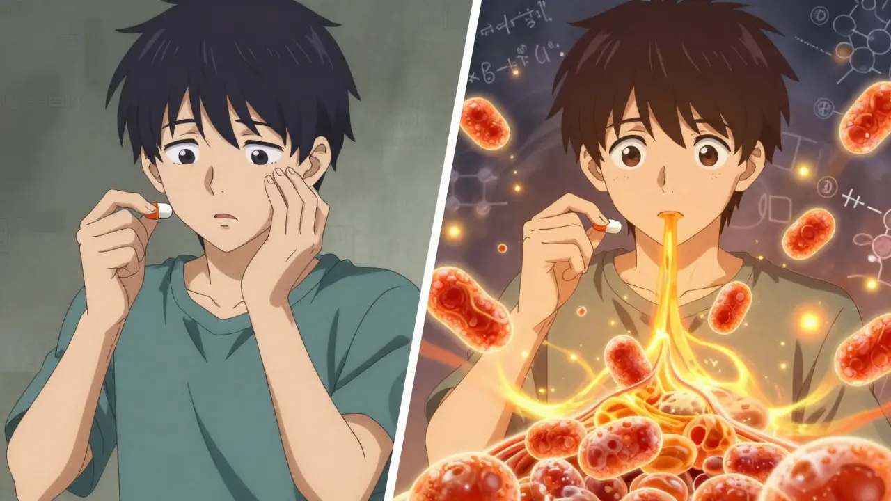 Split scene: dull absorption without fat vs. vibrant, fiery absorption with fatty food and lipid-based medicine.