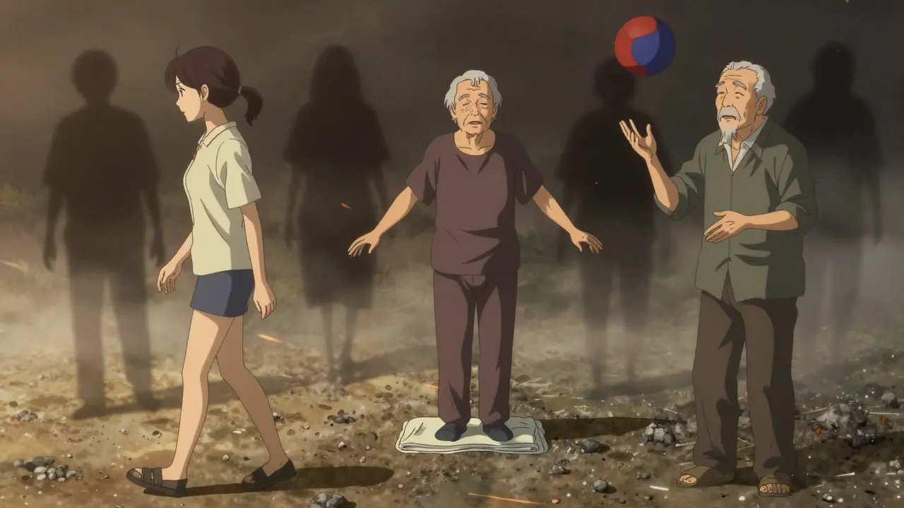 Three balance exercises shown in one scene: walking on gravel, standing on towel, tossing a ball, with light symbolizing regained stability.