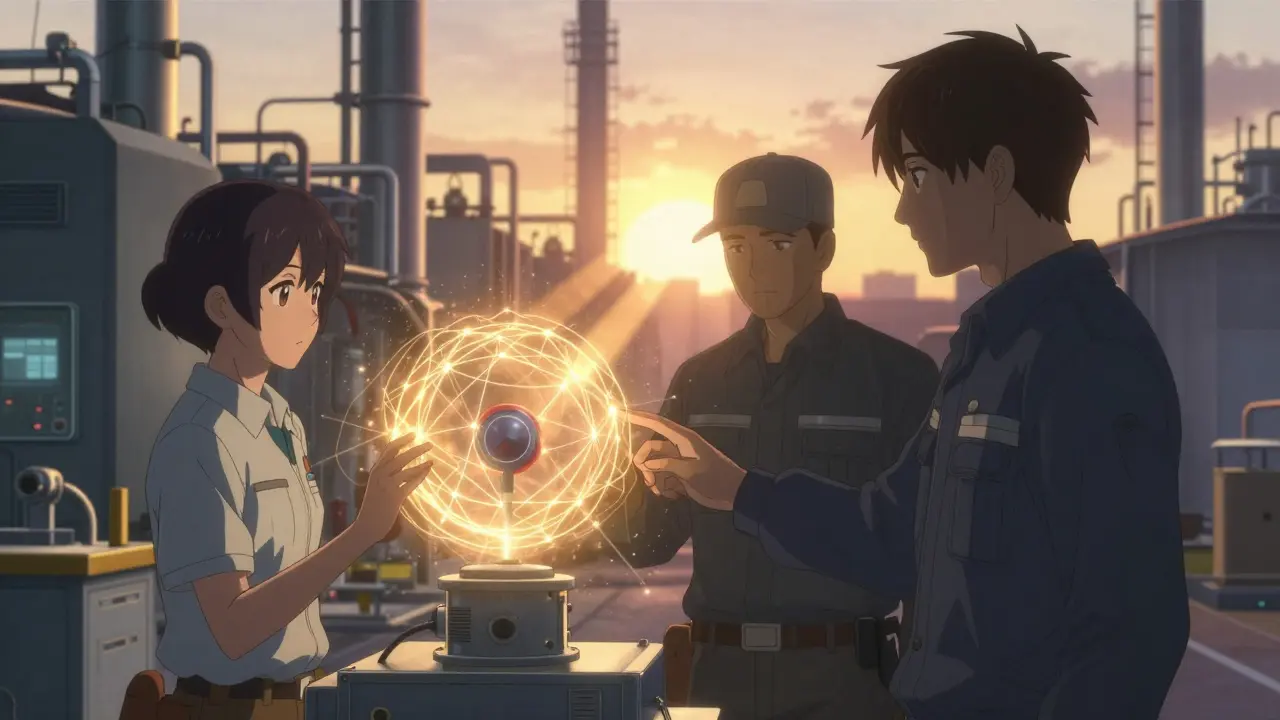 Three workers touching a sensor as golden light weaves around them at dawn, symbolizing unity and predictive quality.
