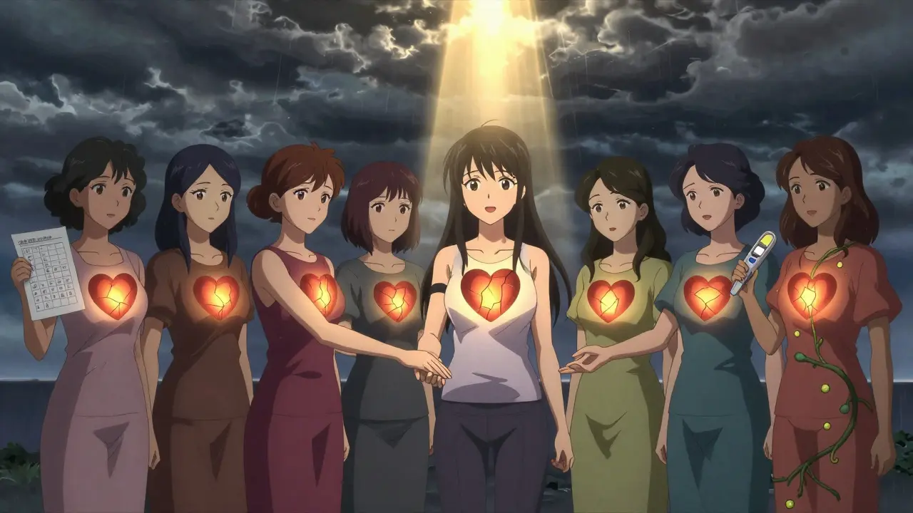 Women of different ages united under a stormy sky, each holding symbols of heart disease risks, glowing hearts in their chests.